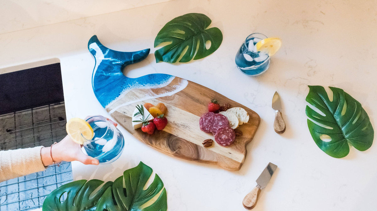 Whale-Shaped Acacia Wood & Ocean Resin Charcuterie Board