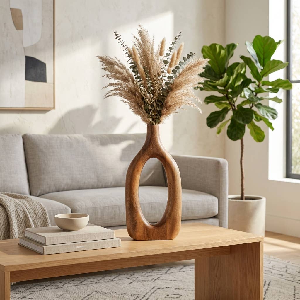 A wooden vase with a large central cutout, filled with dried pampas grass and eucalyptus stems, styled on a light wood coffee table in a bright living room next to a sofa and a potted fiddle-leaf fig plant.