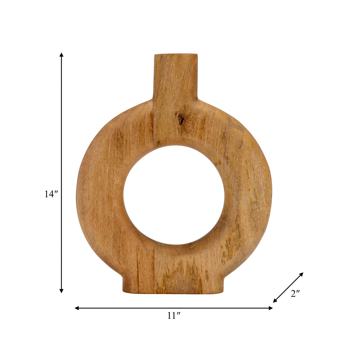 A wooden ring-shaped decorative object with a short vertical stem at the top, shown on a white background with dimension arrows and labels indicating 14 inches tall, 11 inches wide, and 2 inches from the stem to the right edge.