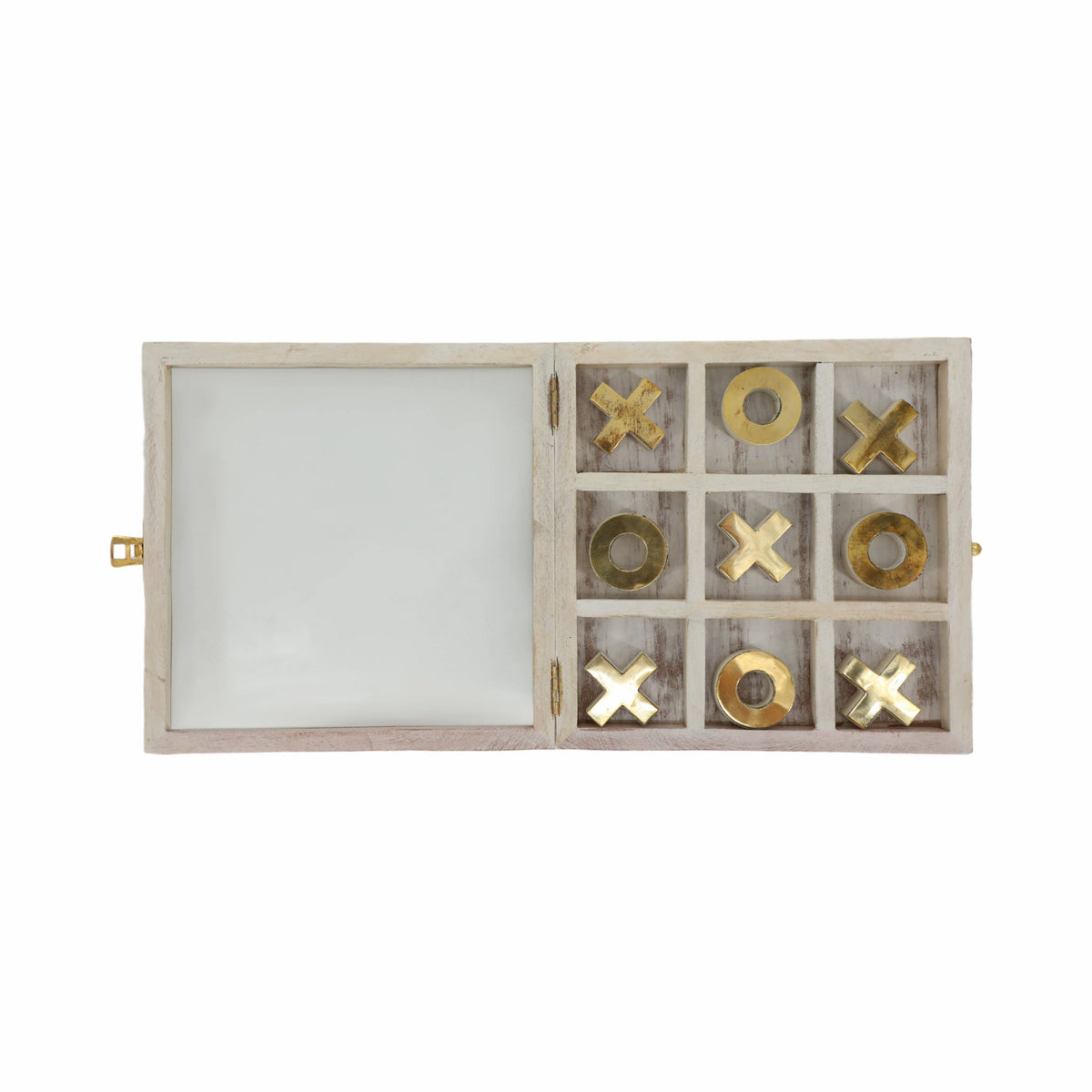 Wooden tic-tac-toe board with gold pieces on a white background