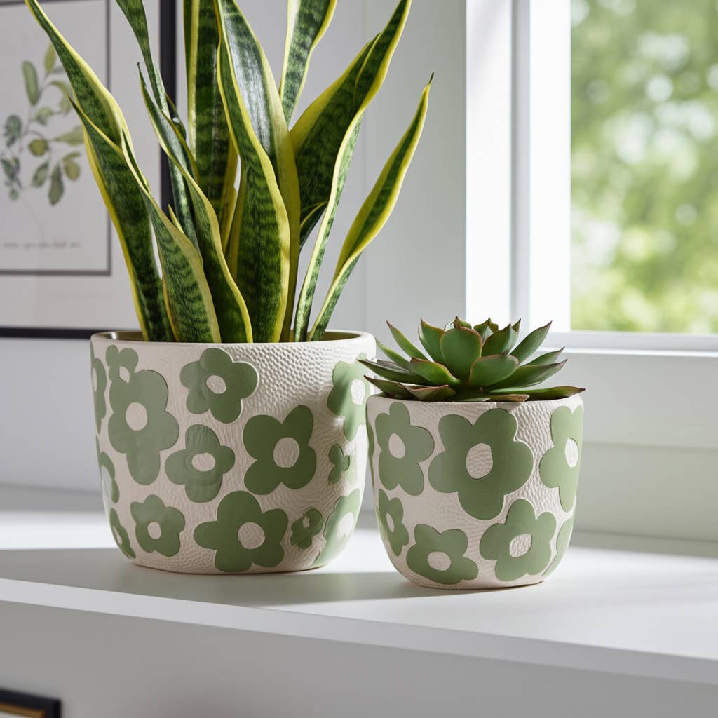 Two ceramic planters with a green floral pattern on a textured cream background, one holding a tall snake plant and the other a small succulent, sitting on a white windowsill.