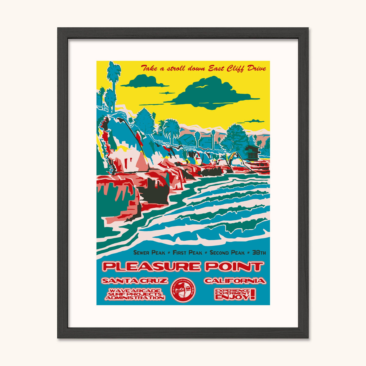 Pleasure Point (Version 2) WPA Surf Poster | Vintage Santa Cruz Travel Poster Art Print: Unframed / 11x14