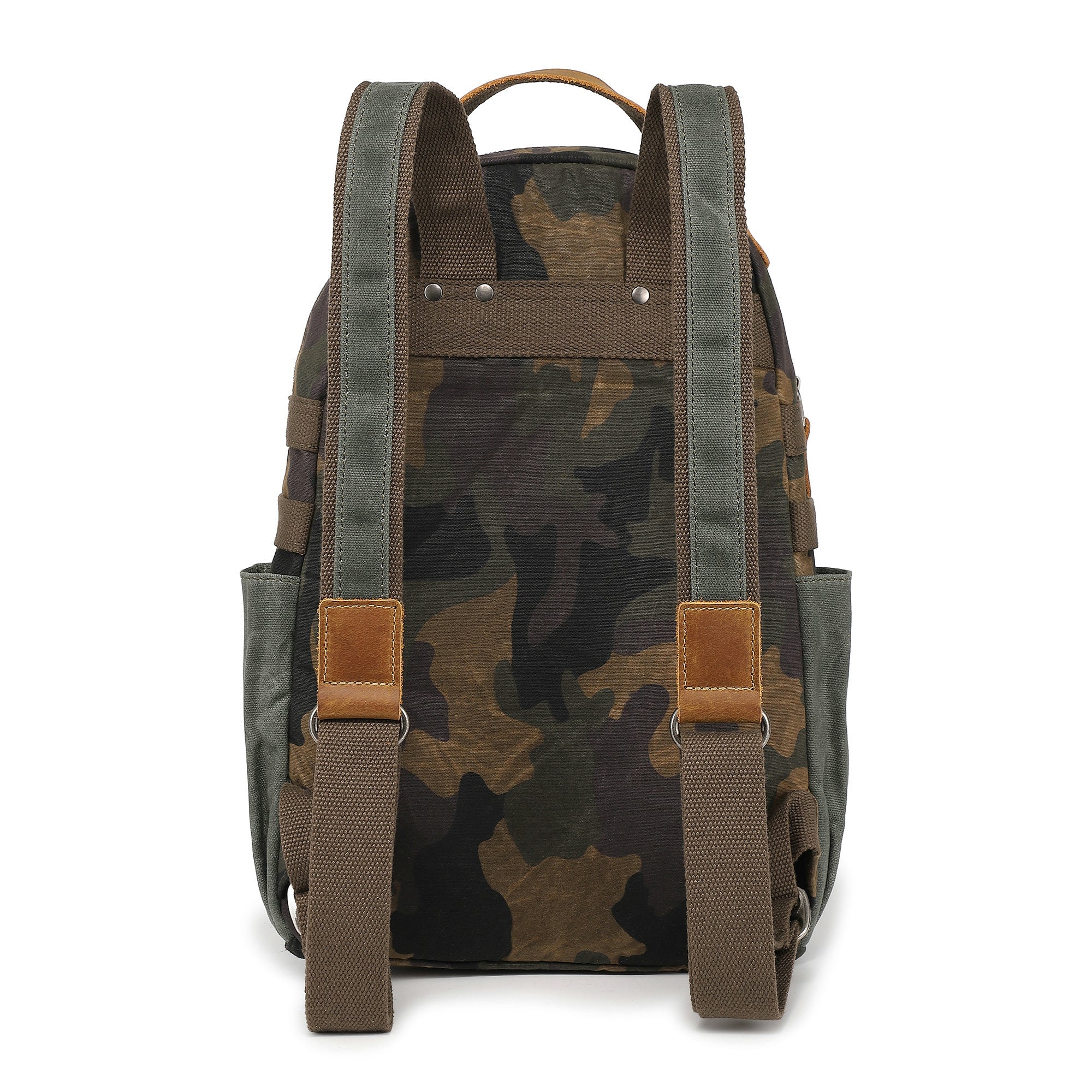 Mountain Leaf Utility Backpack in olive camo, back view showing shoulder straps