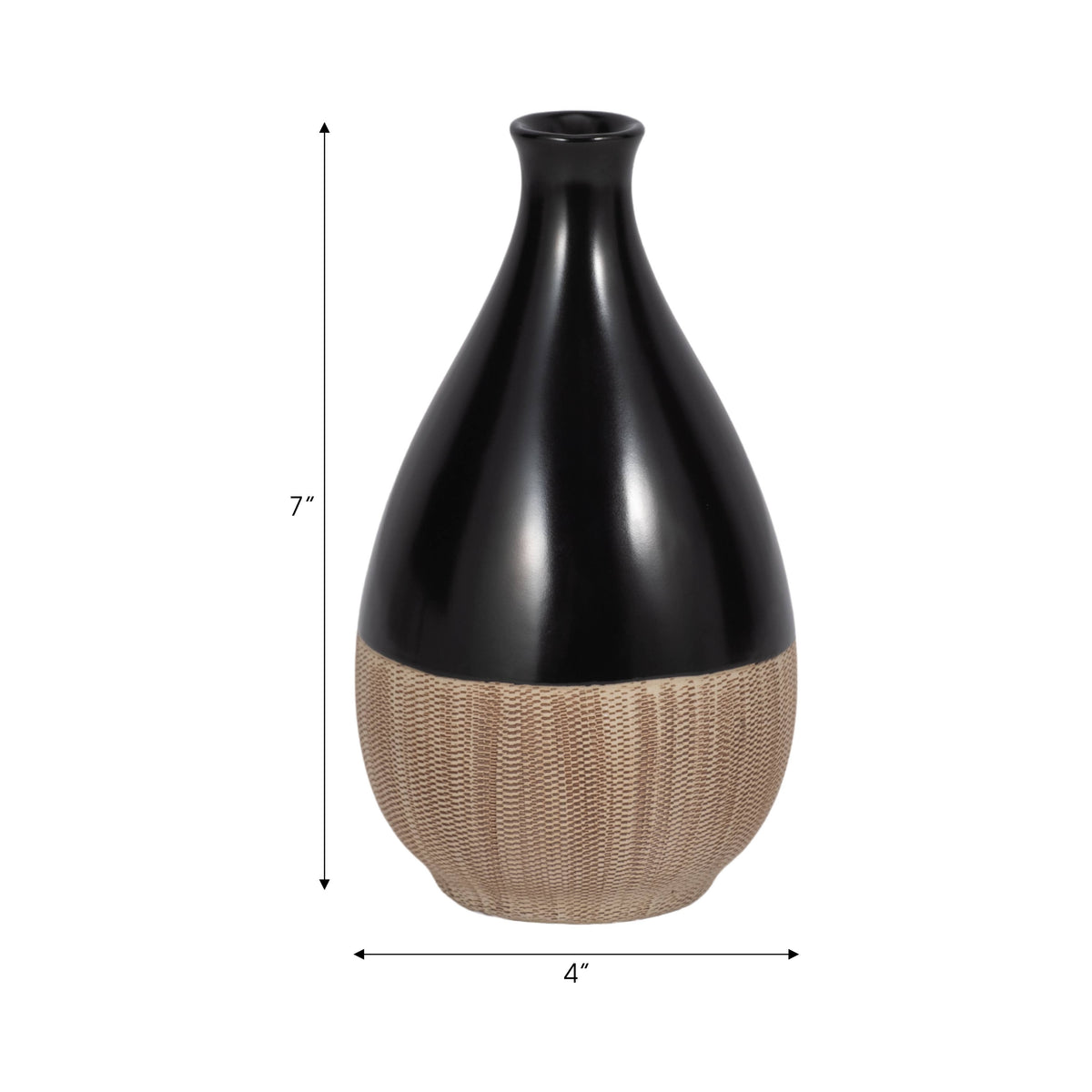 Decorative vase with black top and woven base, shown with measurements on a white background.