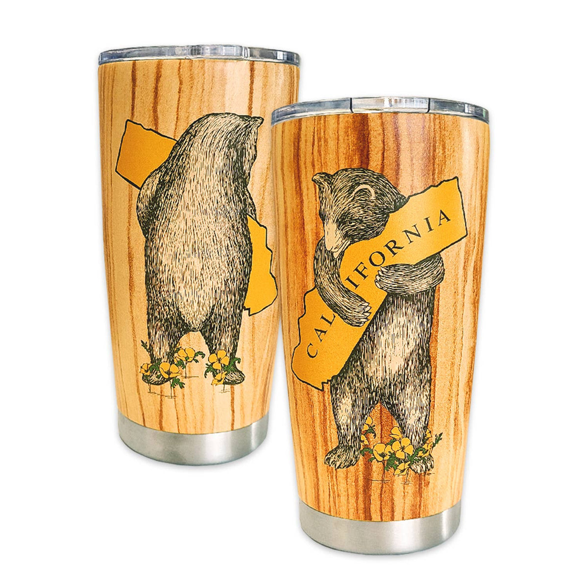 Two wooden-themed tumblers with bear and California design on a white background