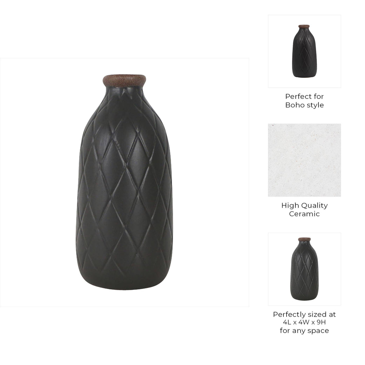 Black textured ceramic bottle with wooden cap on a white background, featuring text about its style and size.