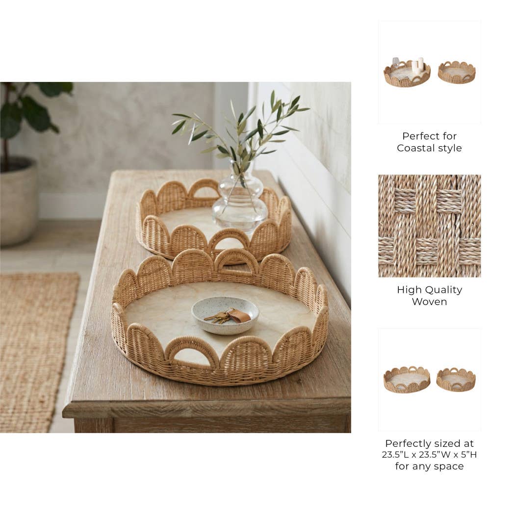 Woven tray on a wooden surface with decorative elements and text highlighting features.
