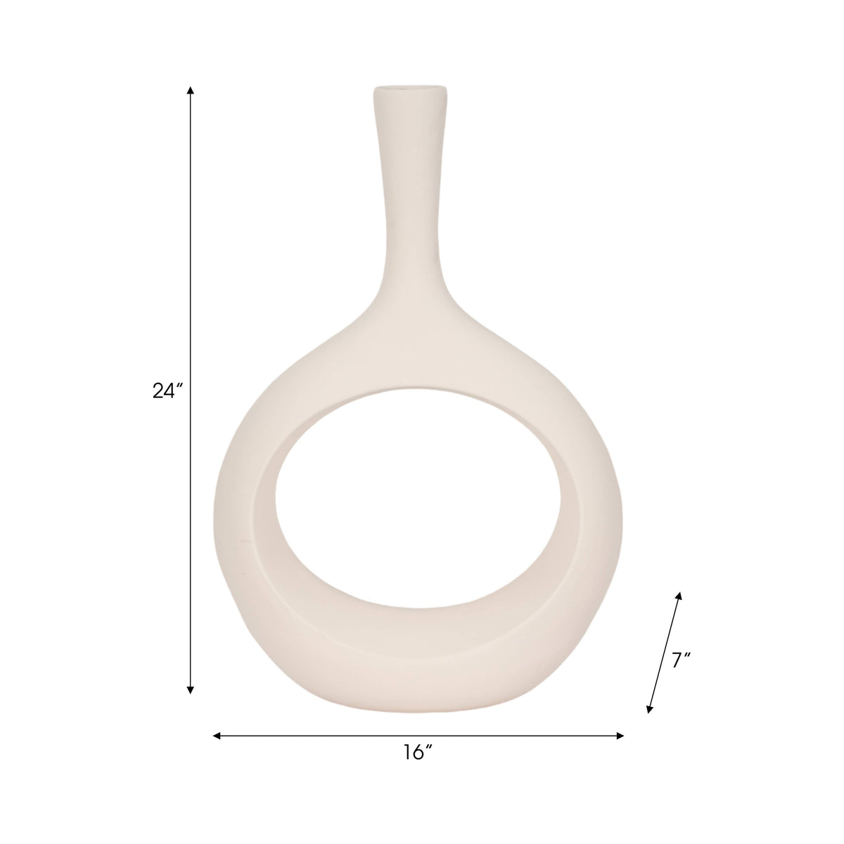 A minimalist cream-colored ceramic vase with a wide circular base and a narrow neck, shown with dimension lines indicating a height of 24 inches, width of 16 inches, and depth of 7 inches.