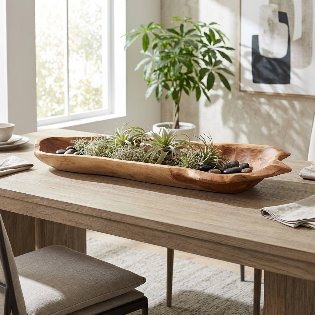 Wooden dining table with a decorative bowl containing plants and stones, in a bright room.