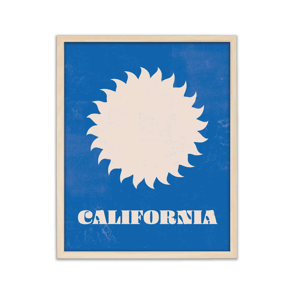 Poster with a white sun design and 'California' text on a blue background