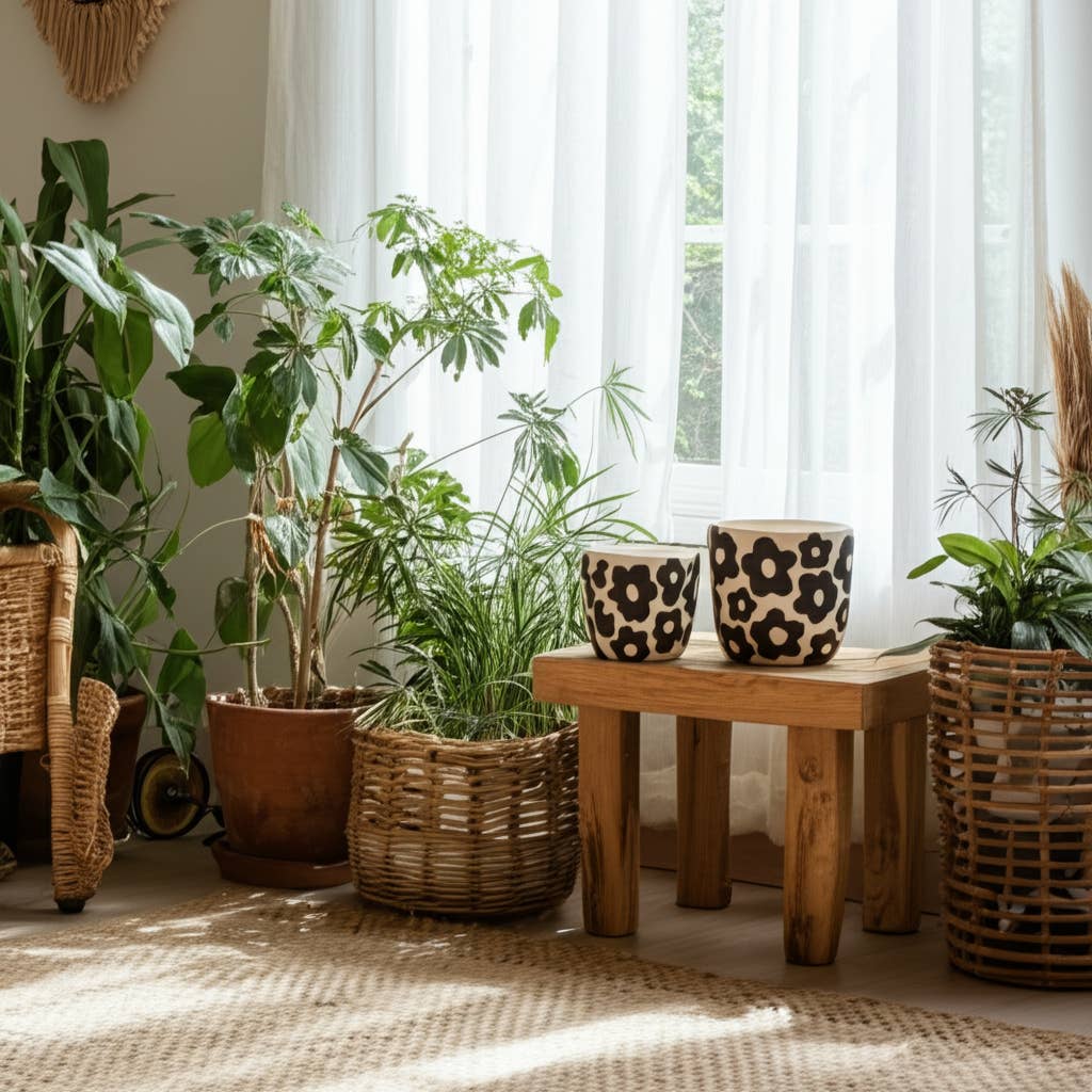 Two black and beige patterned ceramic planters displayed on a small wooden stool in a bright, sunlit room with potted plants and sheer white curtains.