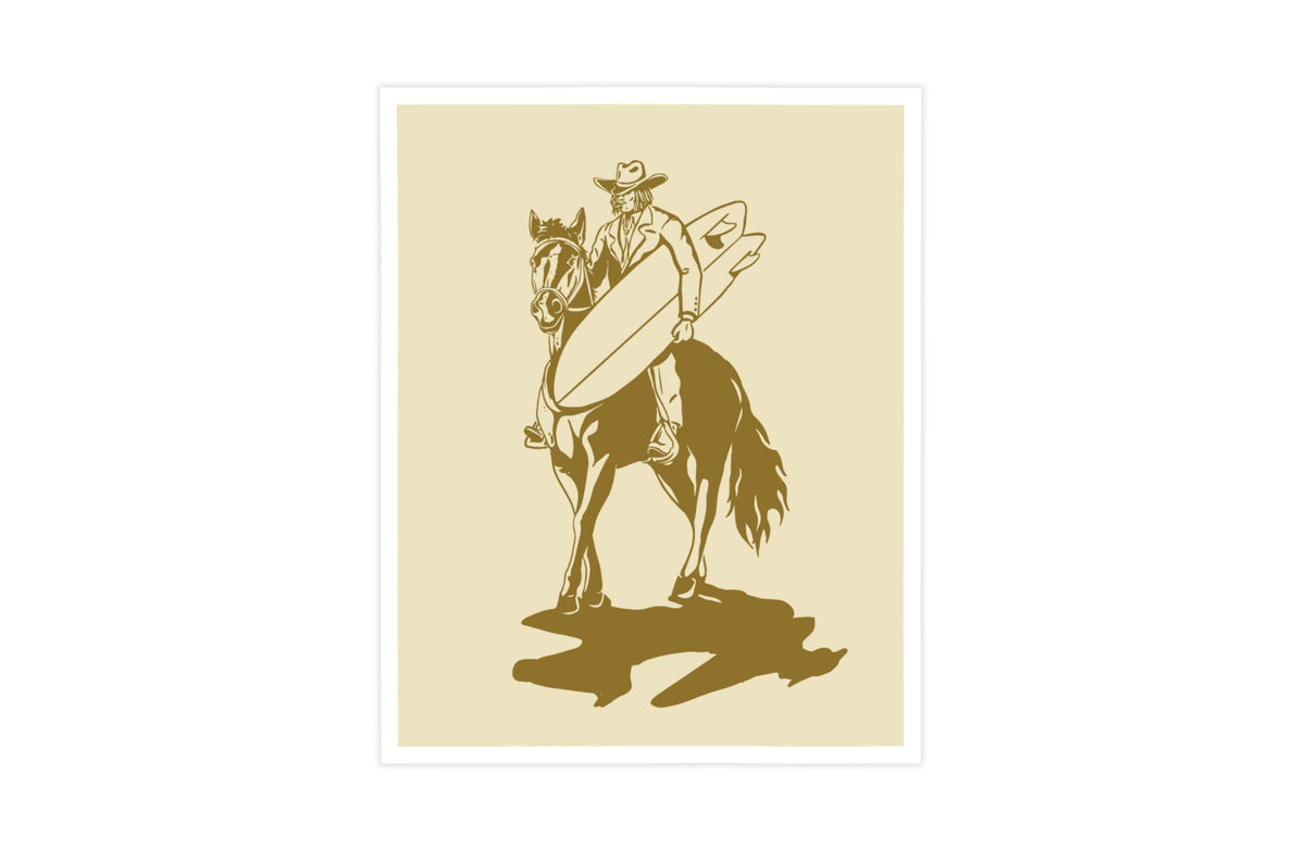 A minimalist art print featuring a cowboy riding a horse while holding a surfboard, rendered in dark brown on a warm beige background, with a thin white border.