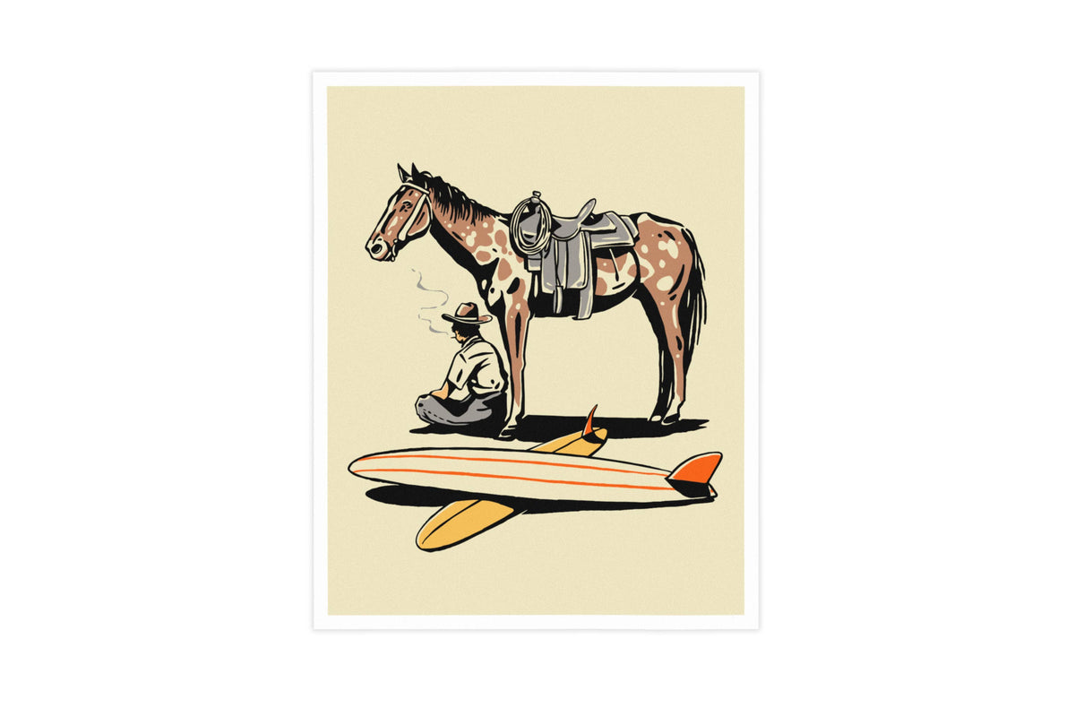 A framed art print featuring a stylized illustration of a saddled horse standing next to a seated cowboy, with a surfboard in the foreground, on a beige background.