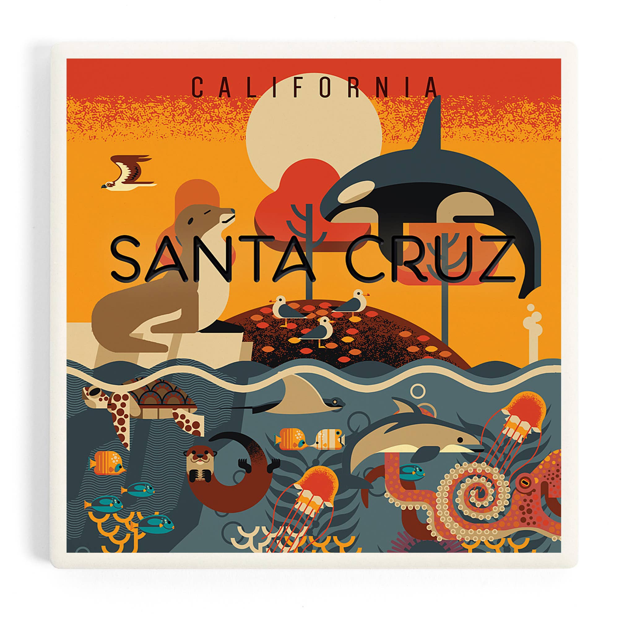 A square art print featuring a colorful illustrated scene of Santa Cruz, California, with sea lions, orcas, dolphins, jellyfish, and other marine and land animals. The text 'CALIFORNIA' appears at the top and 'SANTA CRUZ' across the center.