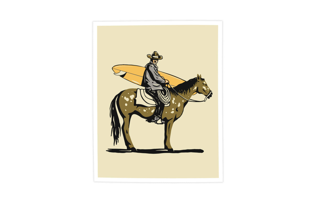 A minimalist art print featuring a cowboy riding a brown spotted horse while carrying a yellow-orange surfboard, set against a light beige background with a white border.