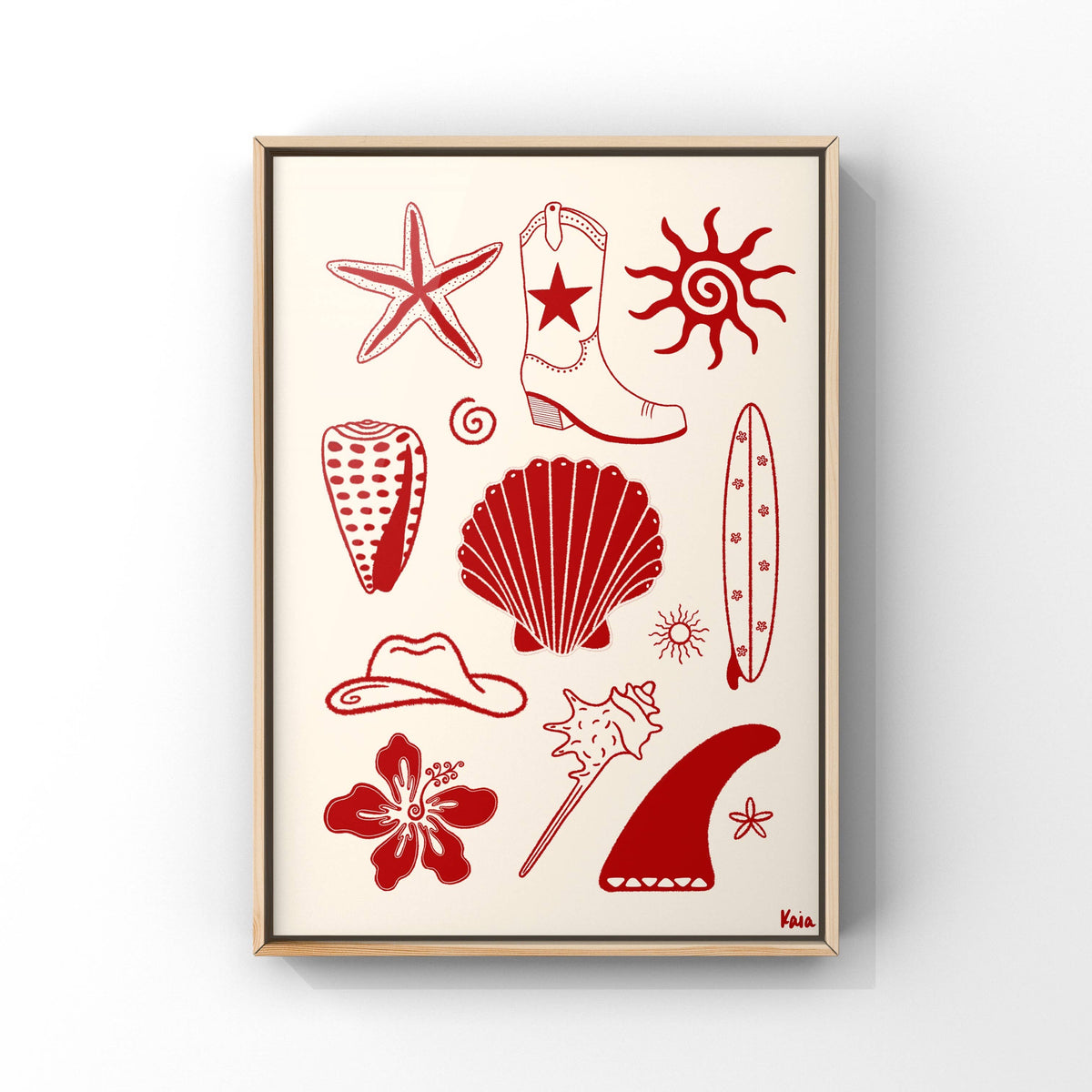 Framed artwork with red illustrations of a starfish, boot, shell, hat, and other elements on a white background.