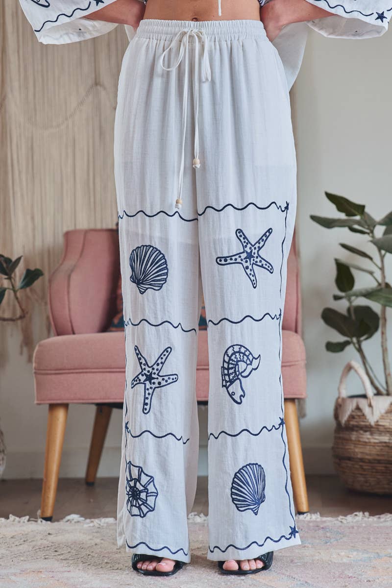 Seashell Embroidered Pants