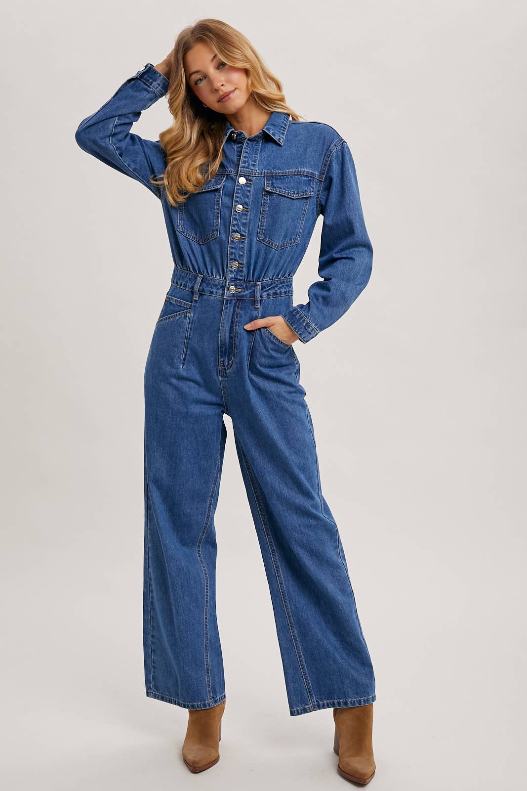 La Brea Denim Straight Leg Jumpsuit / L
