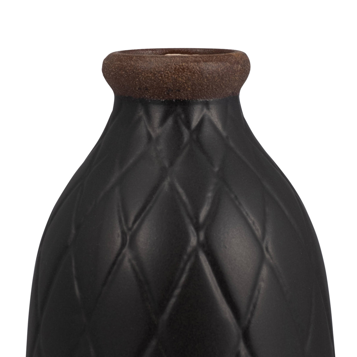 Black textured vase with brown top on a white background