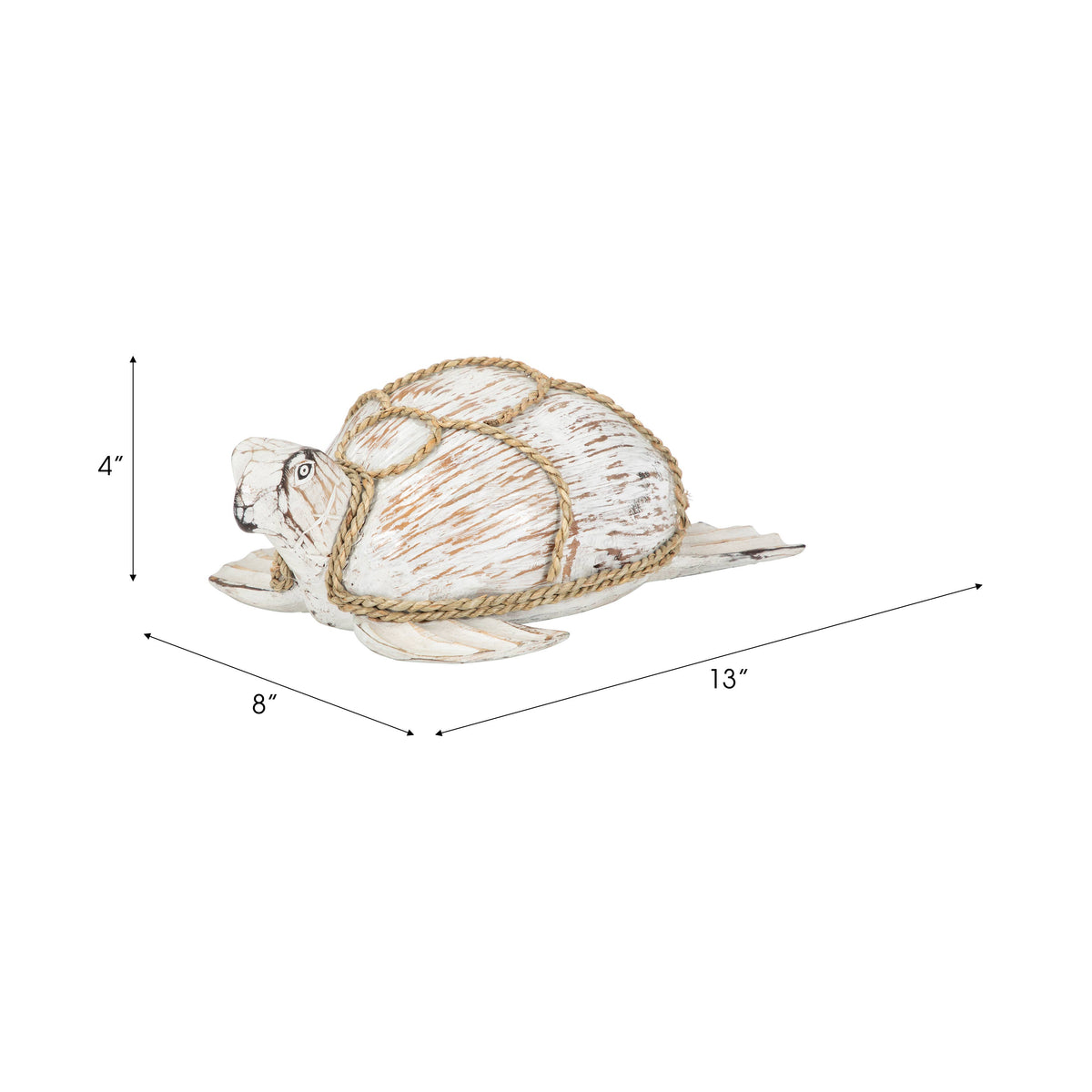 A white and beige distressed decorative turtle figurine wrapped in rope, shown with dimension lines indicating 4 inches high, 8 inches wide, and 13 inches long on a white background.