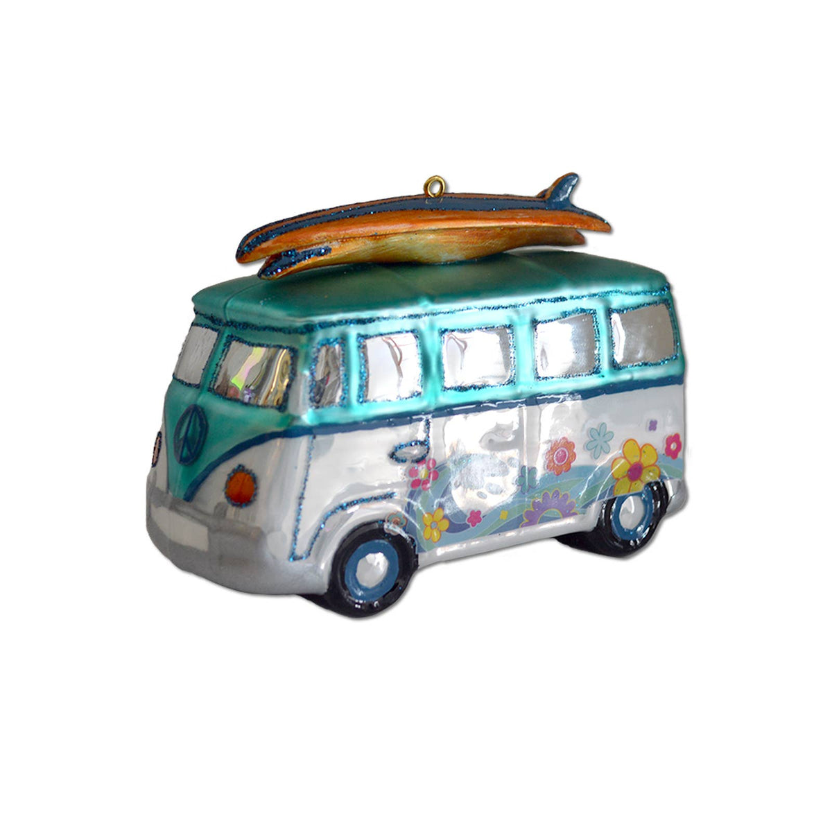 Decorative ornament of a vintage van with a surfboard on top against a white background