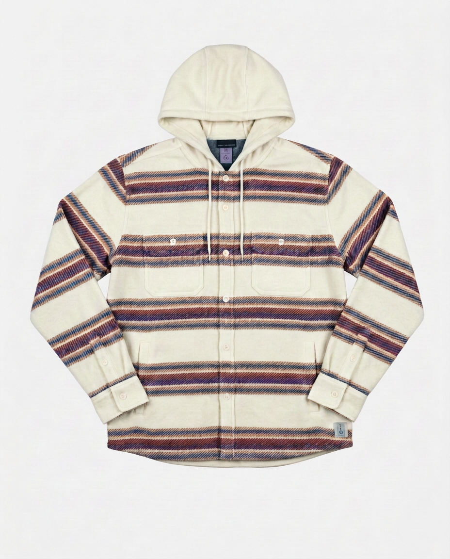 The Long Barn Hooded Fleece Shirt with horizontal stripes in cream, burgundy, and navy blue, laid flat against a light gray background.