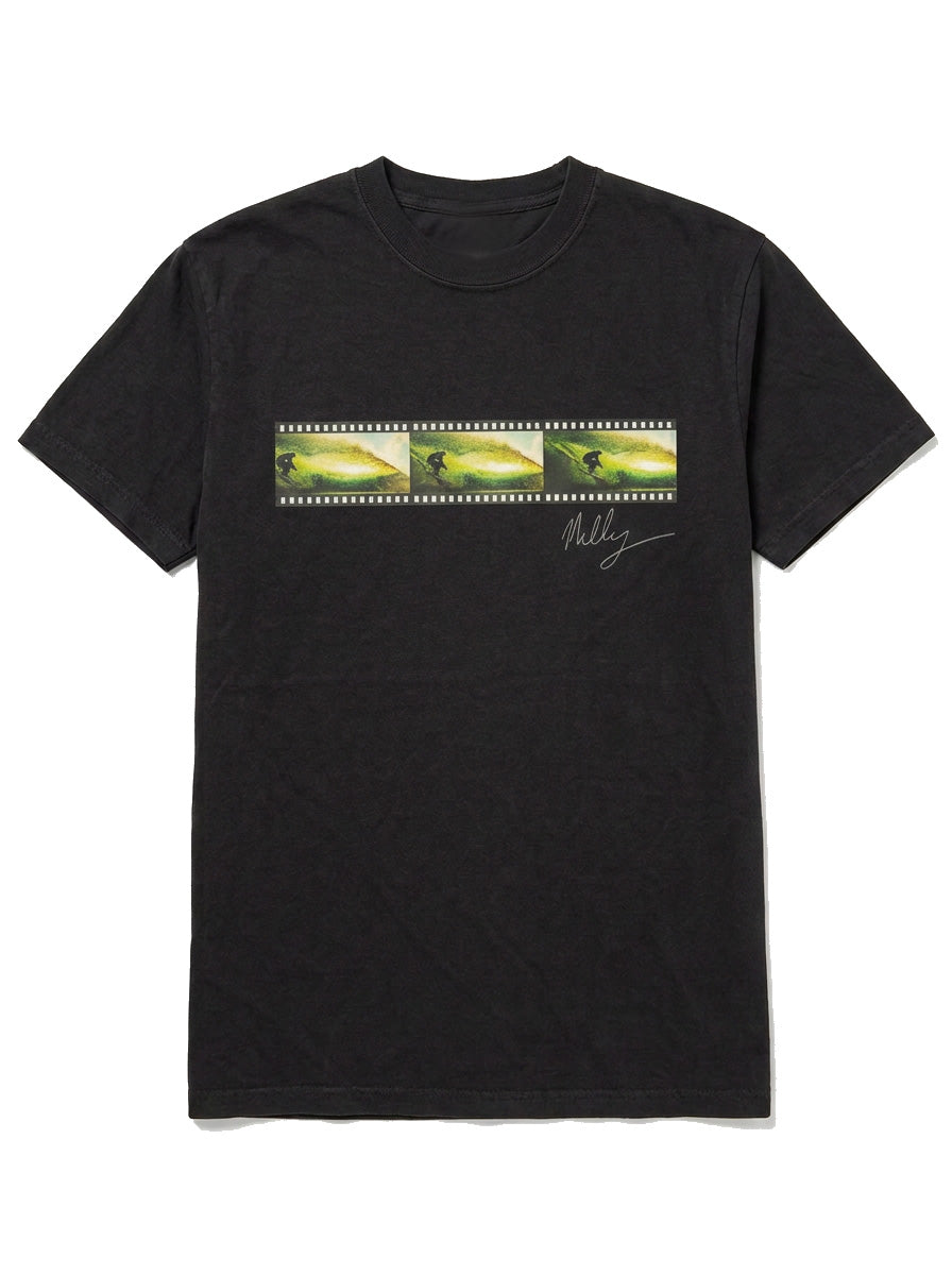 Black crewneck graphic t-shirt featuring a horizontal film strip chest graphic of a surfer on a wave and Dave Nelly Nelson's signature.