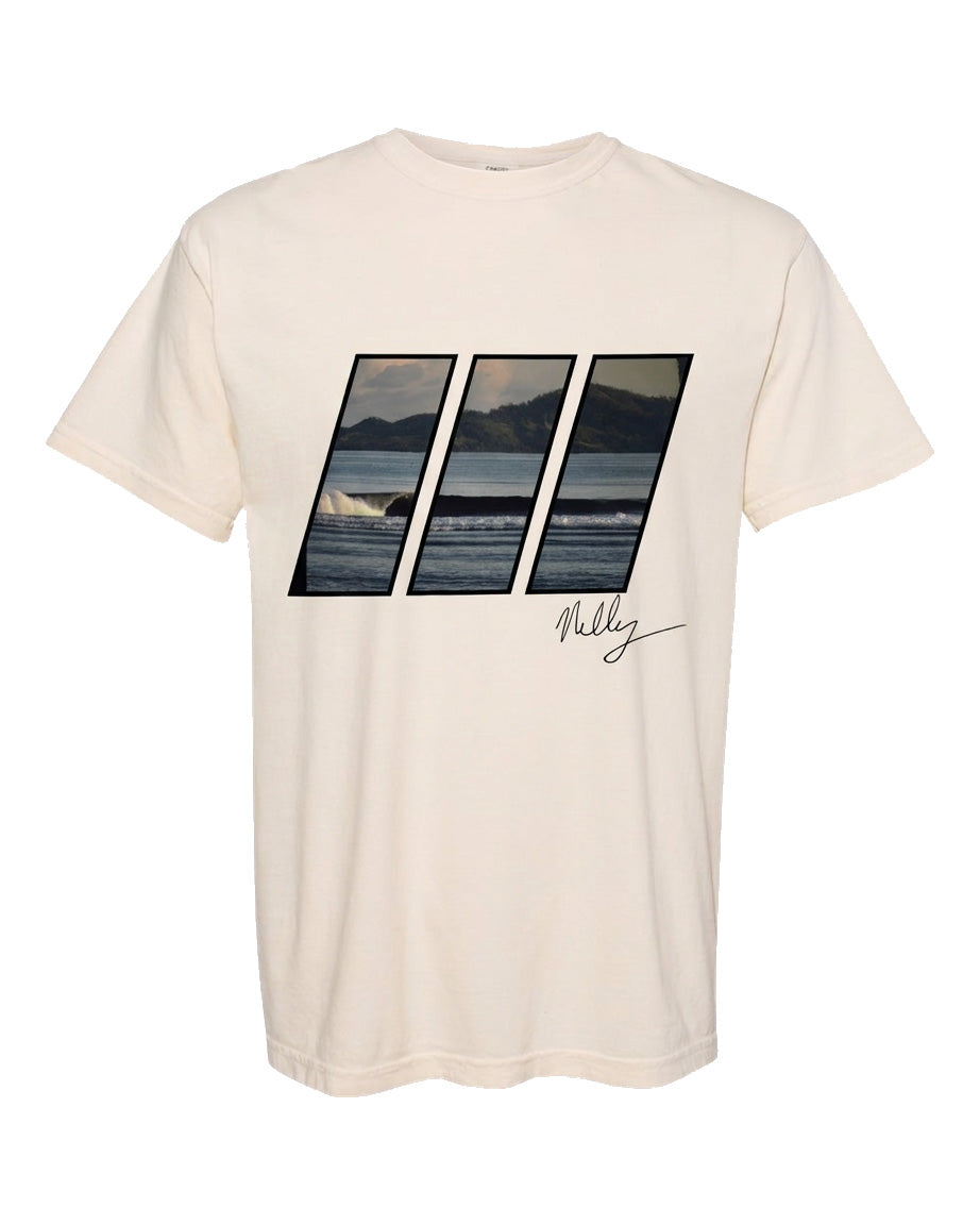 Off-white crewneck graphic t-shirt featuring a three-panel rectangular coastal photo print on the chest and Dave Nelly Nelson's signature.