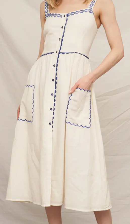 Maria Embroidered Midi Dress - Ivory/Blue