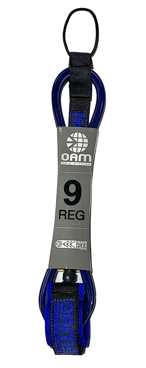 A 9 Reg paddle board leash by OAM, featuring blue and black straps with a gray metal connector and a black loop at the top, shown against a white background.