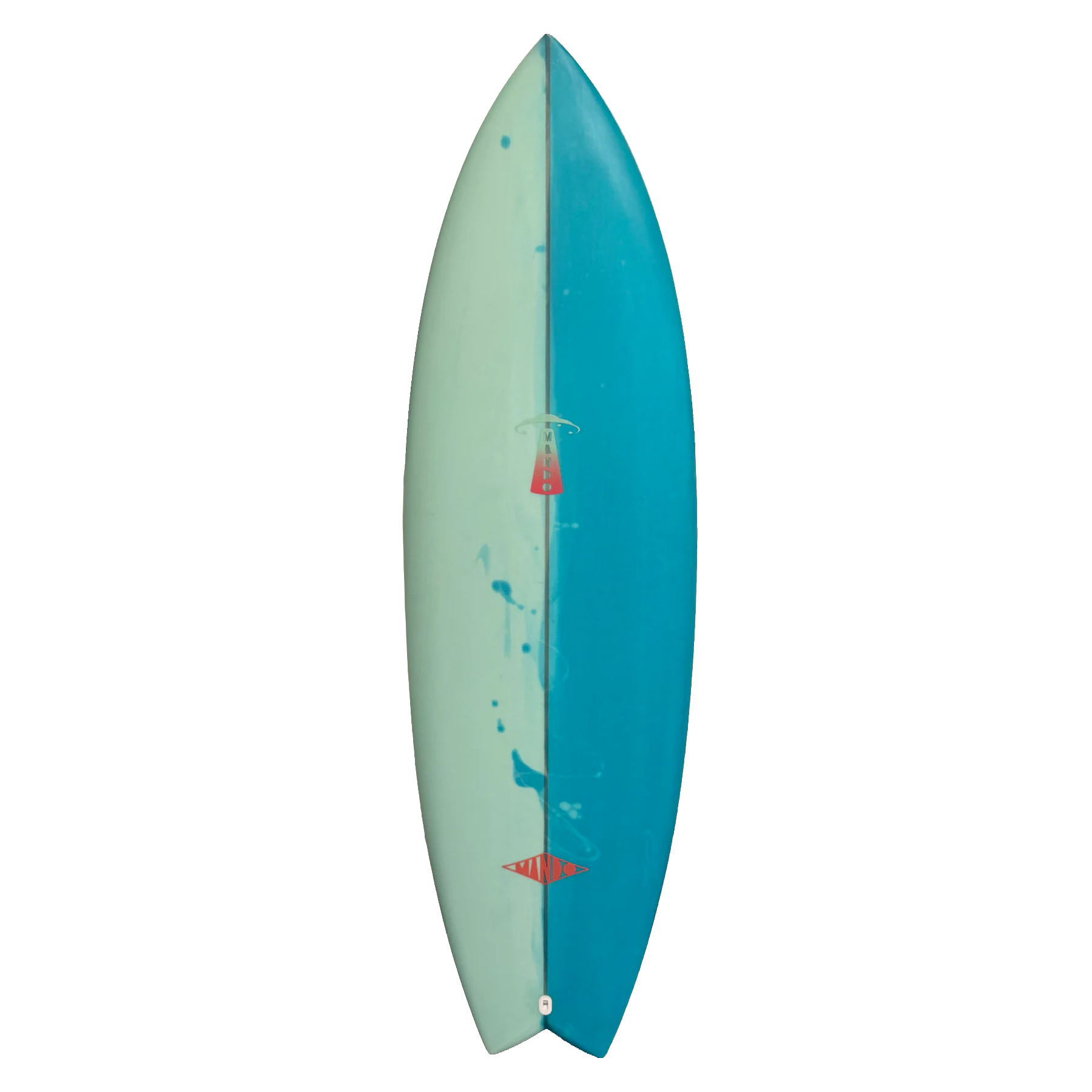 Two-tone teal and light green surfboard with a red logo on a white background