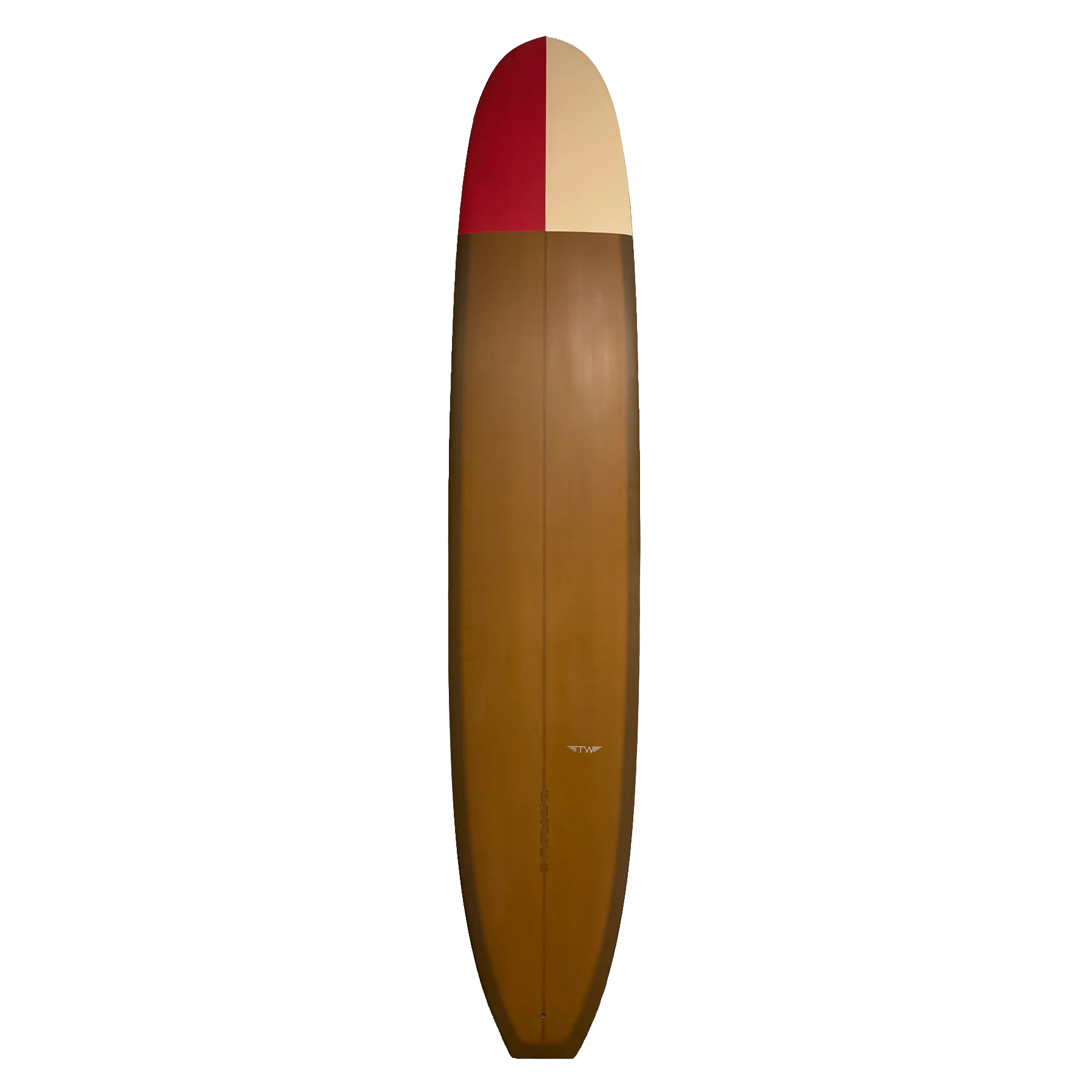Wooden surfboard with a red tip on a white background