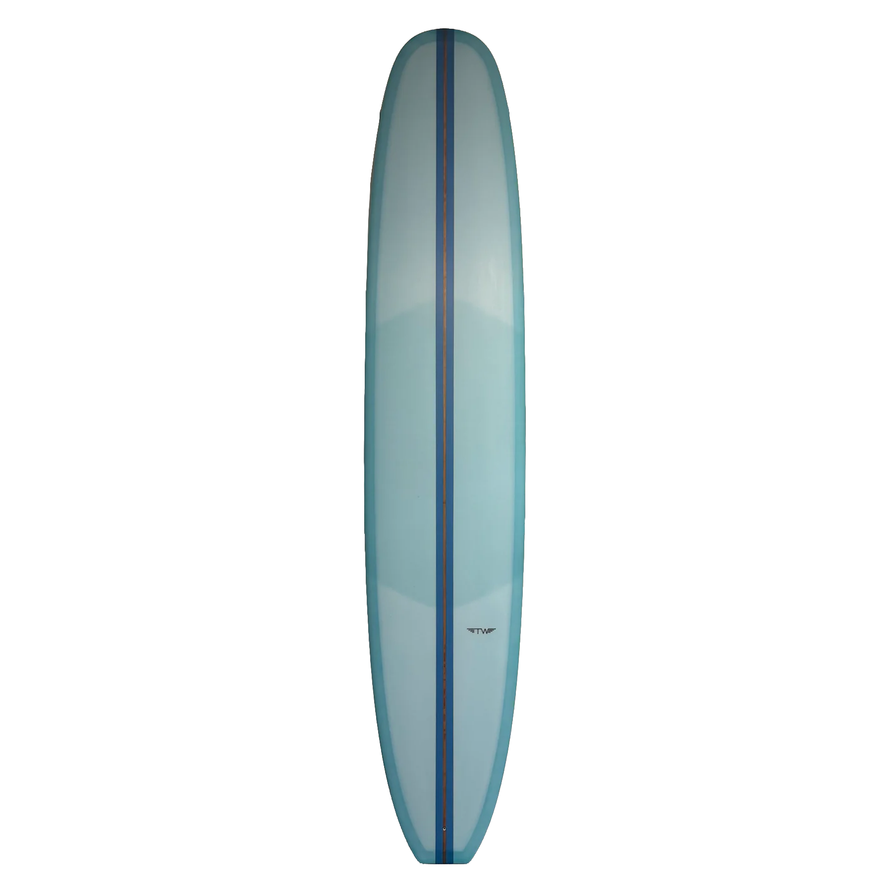 Blue surfboard with a single stripe on a white background