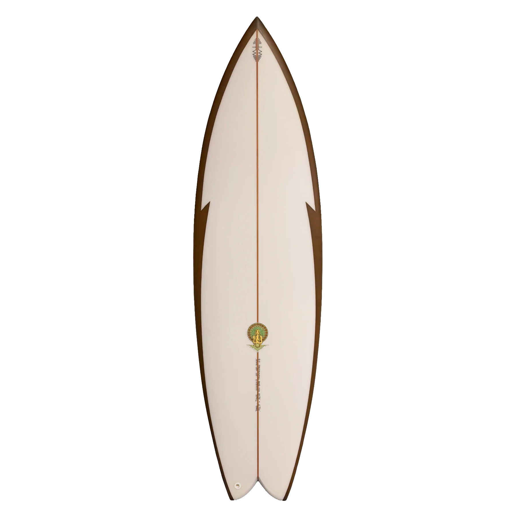 Surfboard with a white deck and brown sides on a white background
