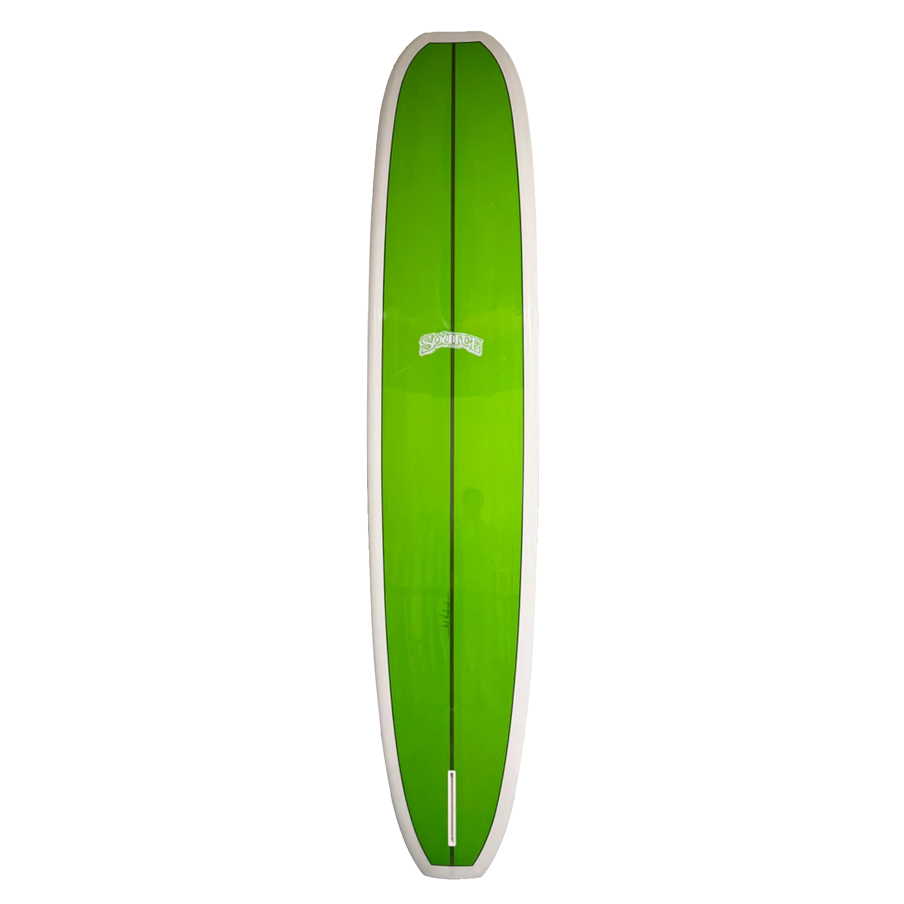 Green surfboard with a white rim on a white background