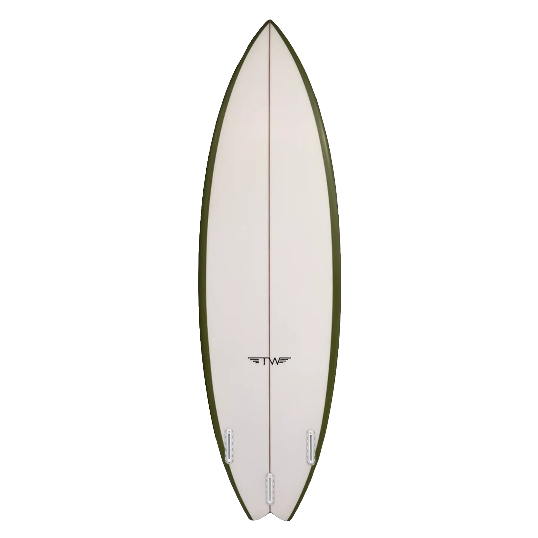 Surfboard with a white deck and green sides on a white background