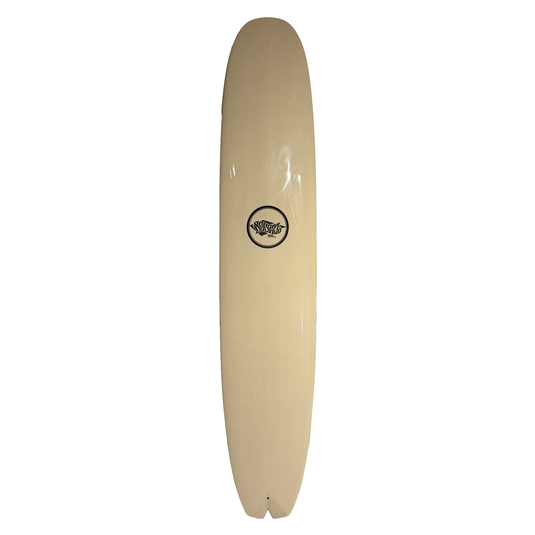 Beige surfboard with a logo on a white background