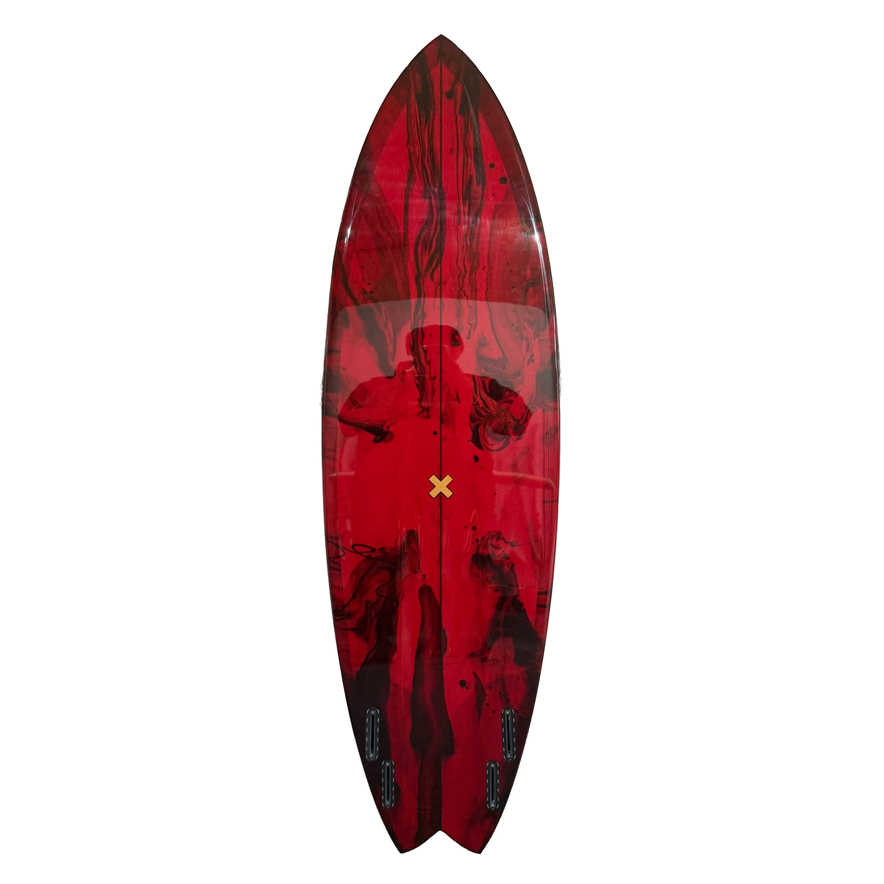 Red and black surfboard with a logo on a white background