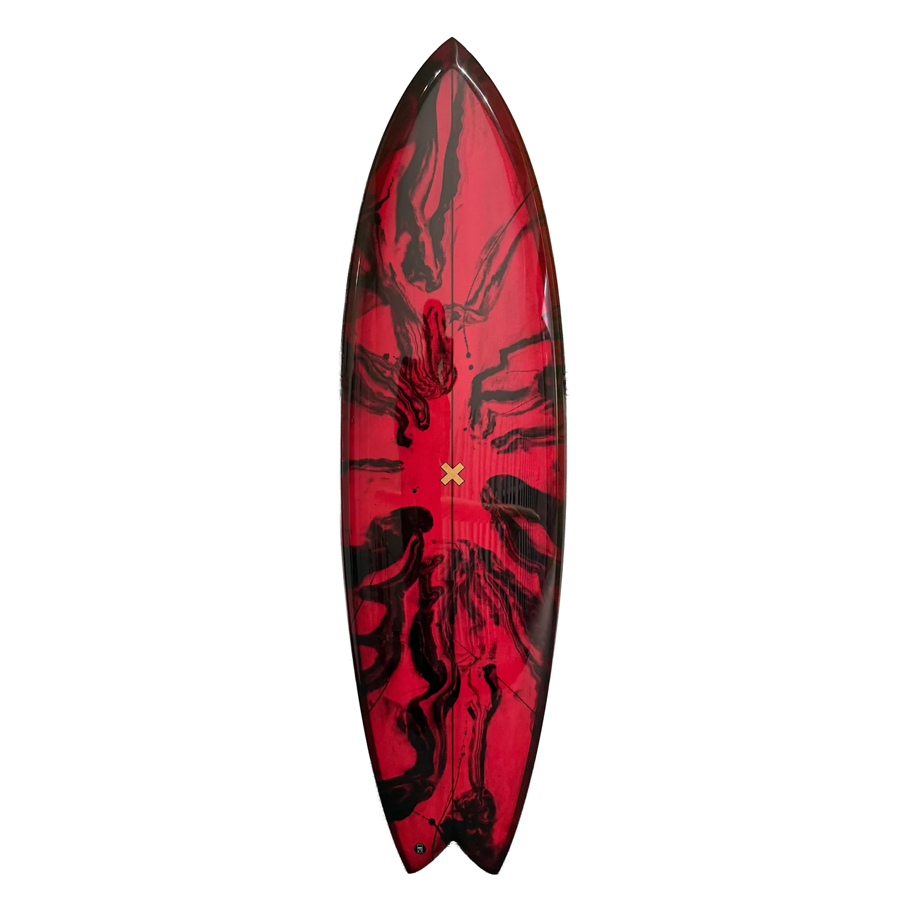 Red and black surfboard with a visible brand logo on a white background