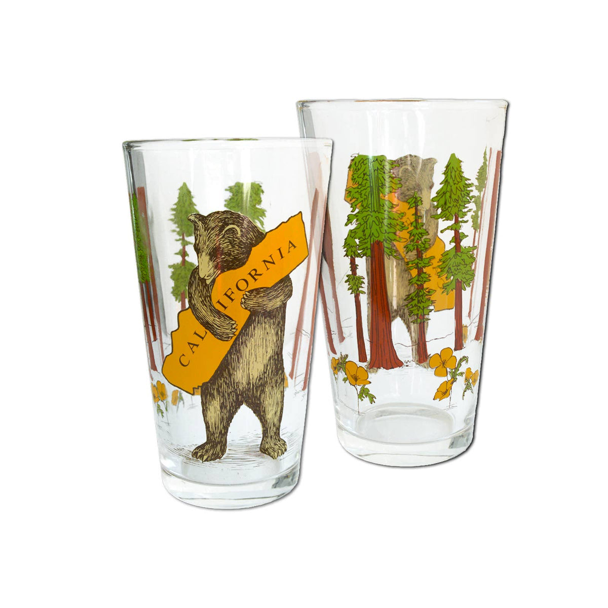 Two glass tumblers with bear and California design on a white background