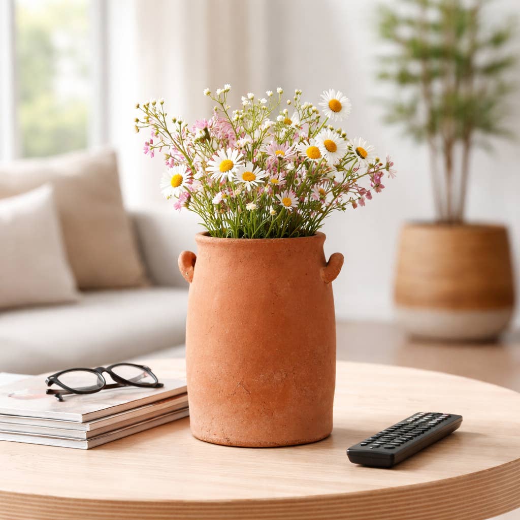 Terracotta vase with flowers on a wooden coffee table in a living room.