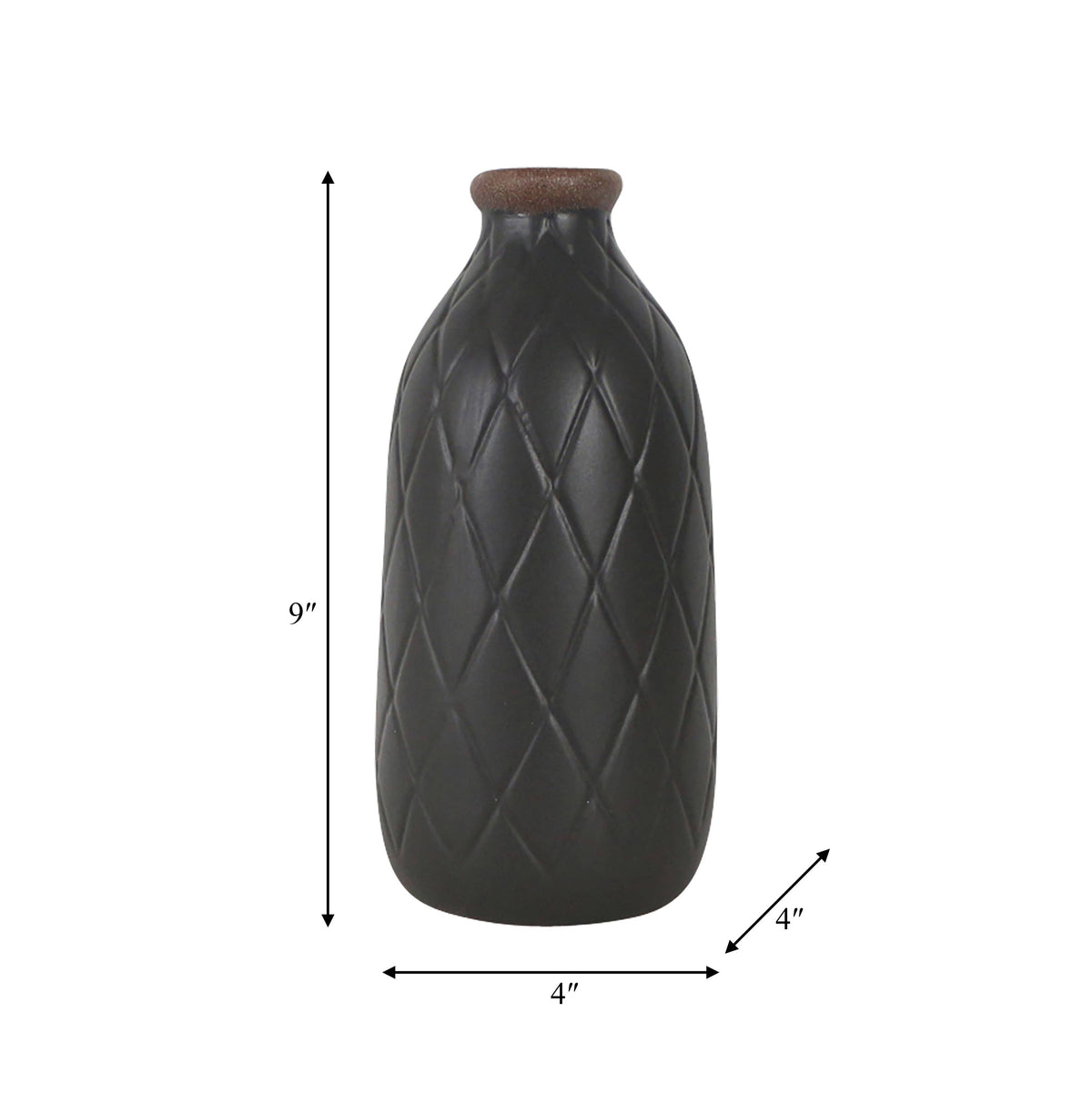Black textured vase with dimensions on a white background