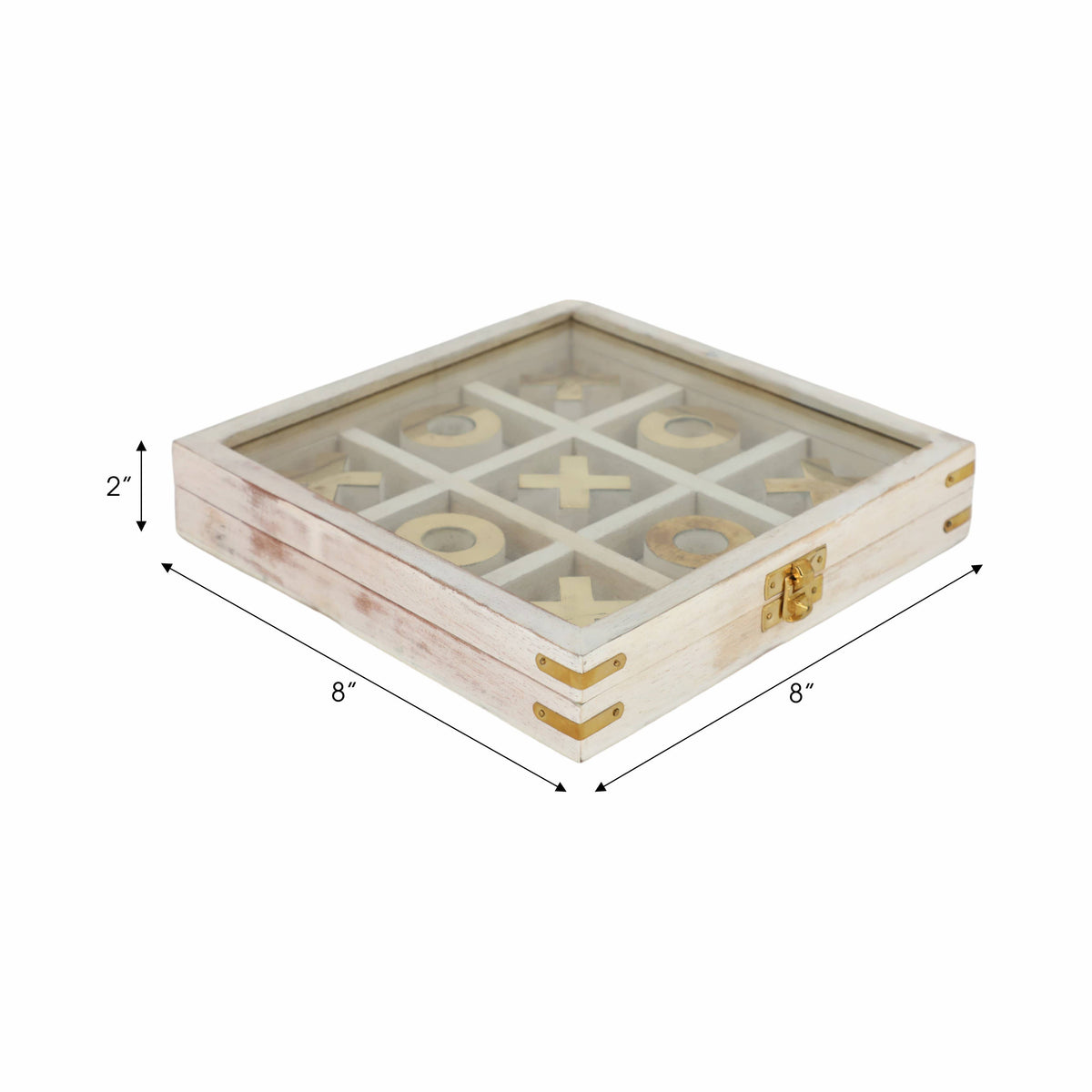 Wooden tic-tac-toe game set with dimensions on a white background