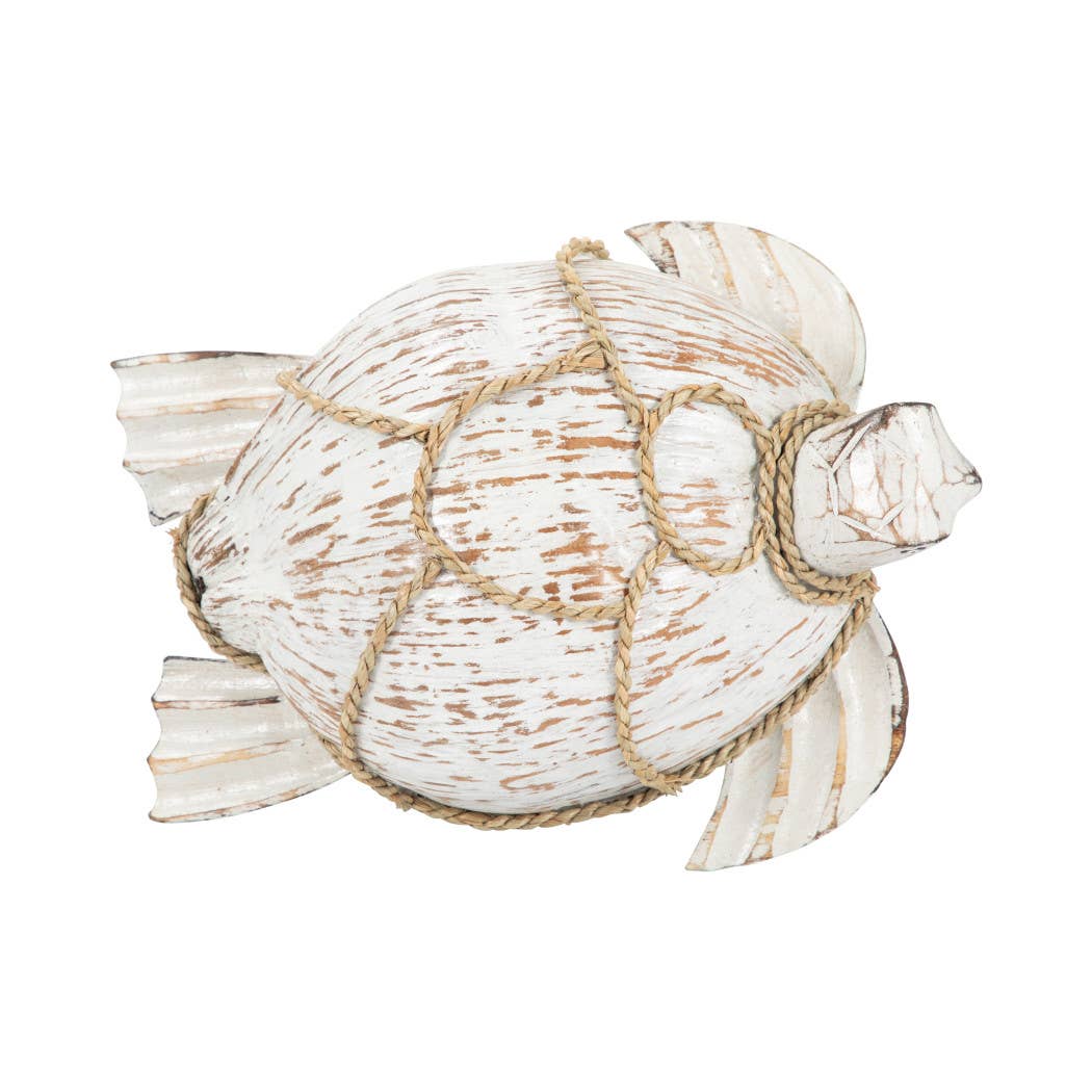 A distressed white wooden turtle figurine wrapped with natural jute rope, shown against a plain white background.