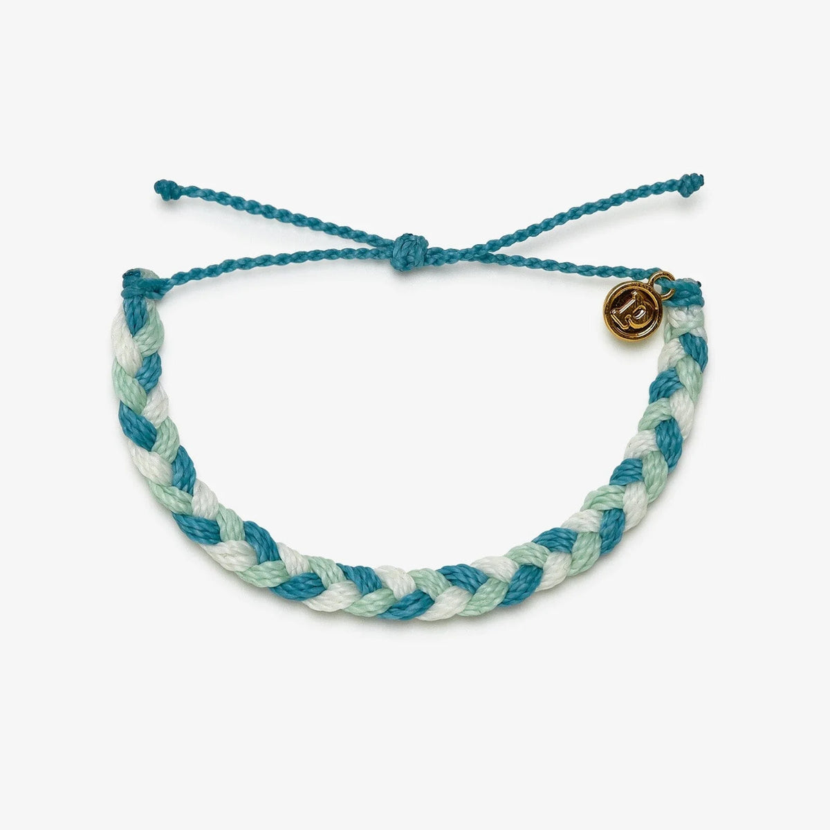 Braided bracelet with blue and green pattern on a white background