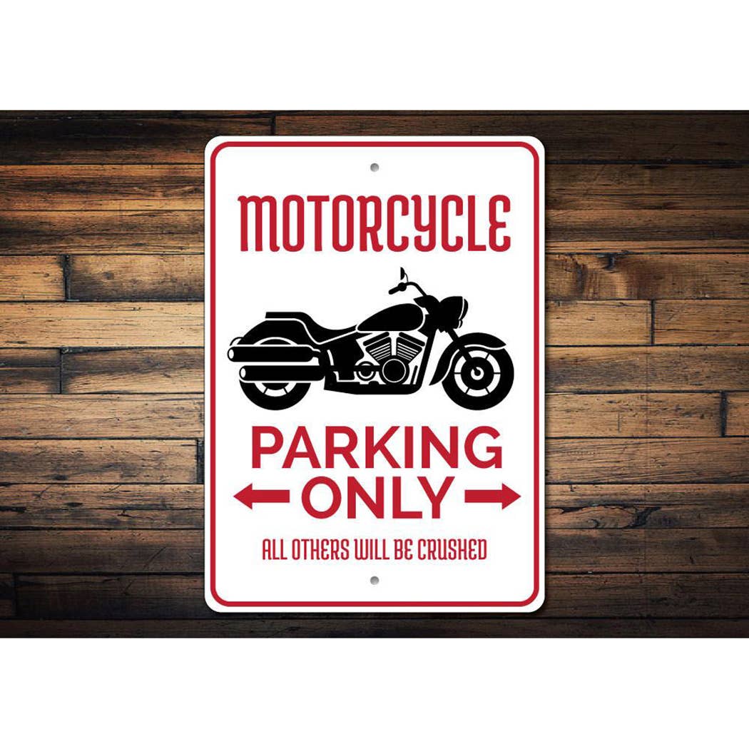 Motorcycle parking only sign with a wooden background