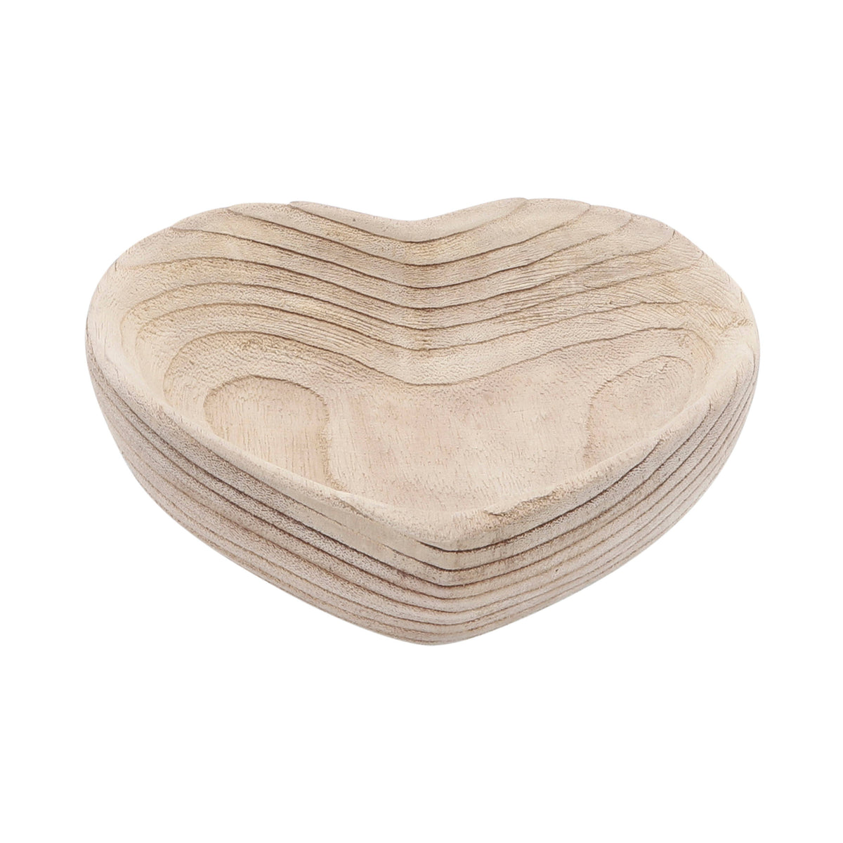 A heart-shaped wooden dish with a natural light wood grain finish, photographed on a solid white background.