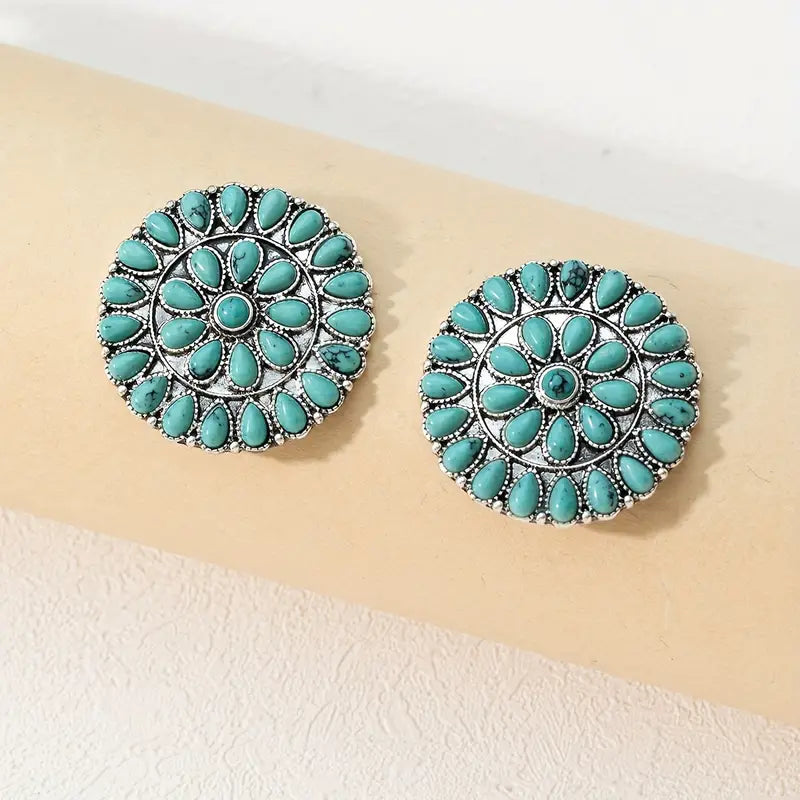 VINTAGE TURQUOISE & SILVER AZTEC STUDS