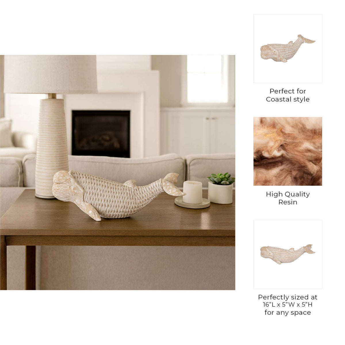A decorative whale-shaped resin sculpture displayed on a wooden table in a living room setting, with three informational callout panels on the right showing the whale detail, a close-up of the resin texture, and size information.