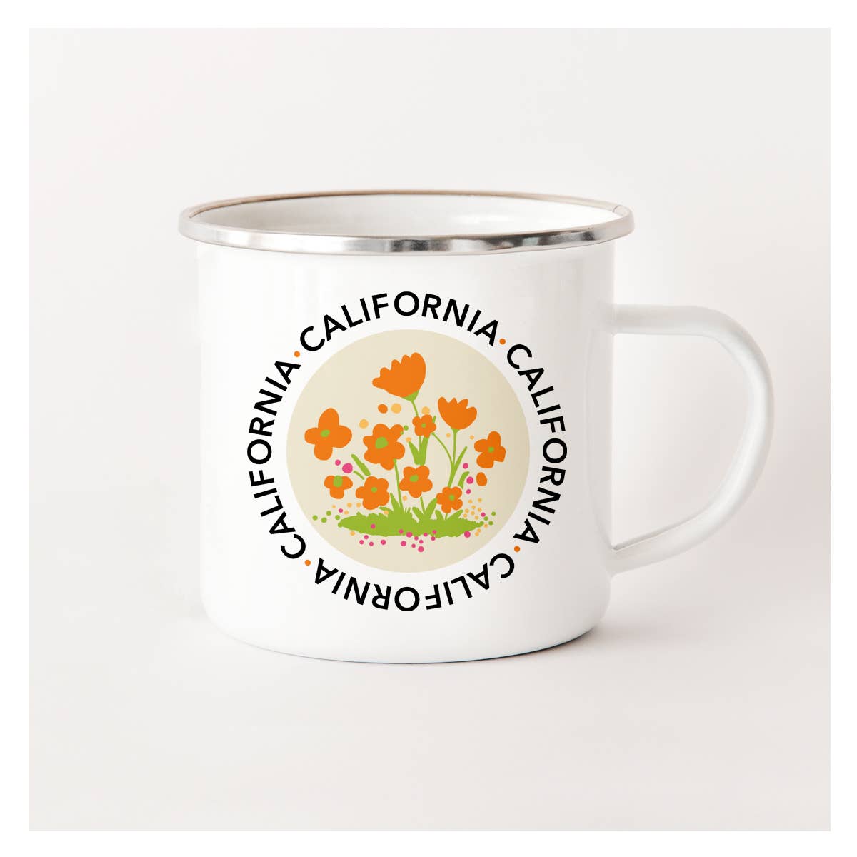 A white enamel-style mug with a silver rim, featuring a circular California-themed floral graphic with orange flowers and the word 'CALIFORNIA' repeated around the design.